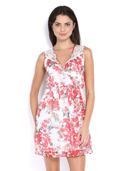 Vero Moda White &amp; Pink Printed Fit &amp; Flare Dress
