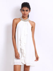 Vero Moda White Beaded &amp; Ruffled A-Line Dress