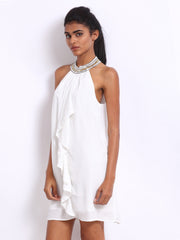 Vero Moda White Beaded &amp; Ruffled A-Line Dress