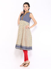Vishudh Women Beige &amp; Navy Printed Anarkali Kurta