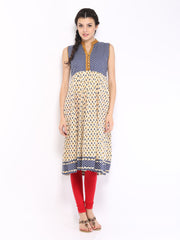 Vishudh Women Beige &amp; Navy Printed Anarkali Kurta