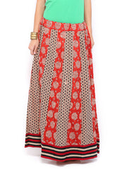 Vishudh Women Beige &amp; Red Printed Maxi Skirt