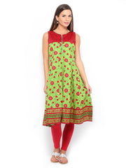 Vishudh Women Green &amp; Red Printed Anarkali Kurta