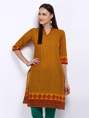 Vishudh Women Mustard Yellow &amp; Brown Printed Kurta