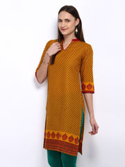 Vishudh Women Mustard Yellow &amp; Brown Printed Kurta