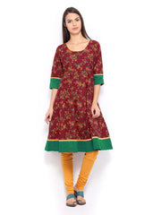 Vishudh Women Maroon &amp; Green Printed Anarkali Kurta