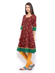 Vishudh Women Maroon &amp; Green Printed Anarkali Kurta