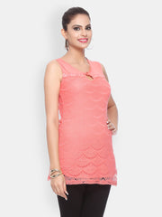 Vovoka Women Peach Coloured Lace Top