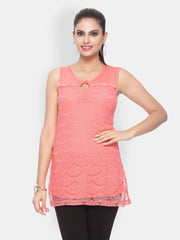 Vovoka Women Peach Coloured Lace Top