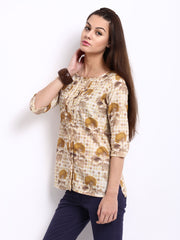 W Women Beige &amp; Mustard Yellow Printed Top