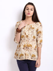 W Women Beige &amp; Mustard Yellow Printed Top
