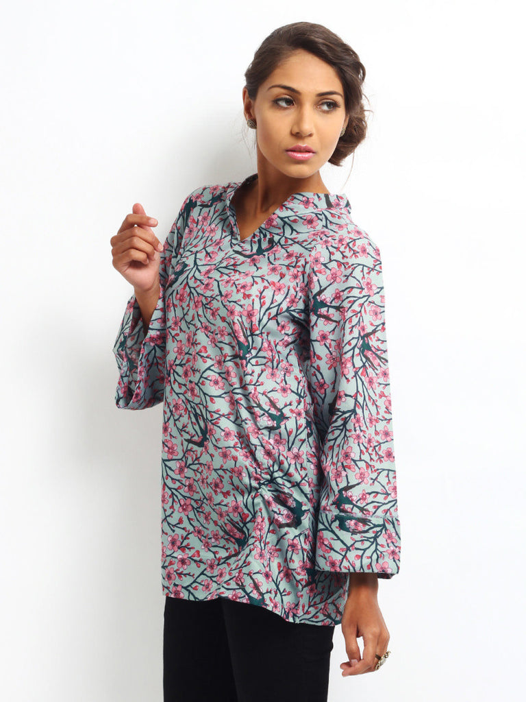 W Women Greyish Blue &amp; Pink Floral Print Tunic
