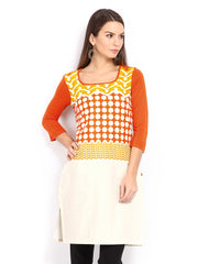 W Women Off-White &amp; Orange Printed Kurta