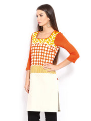W Women Off-White &amp; Orange Printed Kurta
