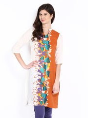 W Women Off-White &amp; Orange Printed Kurta