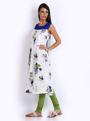 W Women White &amp; Blue Floral Print Kurta