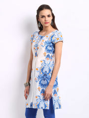 W Women White &amp; Blue Printed Kurta