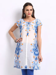 W Women White &amp; Blue Printed Kurta
