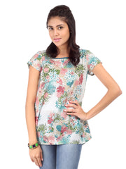 W Women White &amp; Green Floral Print Top
