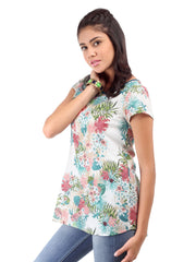 W Women White &amp; Green Floral Print Top