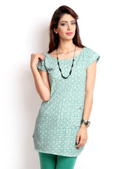 W Women White &amp; Teal Green Printed Tunic