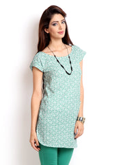 W Women White &amp; Teal Green Printed Tunic