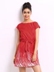 Wills Lifestyle Orange &amp; White Printed Fit &amp; Flare Dress