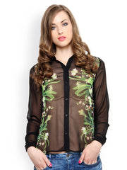 XnY Women Black Sheer Floral Print Shirt