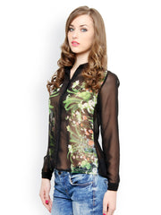 XnY Women Black Sheer Floral Print Shirt