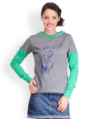 Yepme Women Grey Melange Printed Sweatshirt