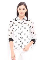 Zink London Women White &amp; Black Cat Print Casual Shirt