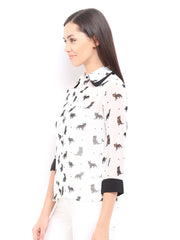 Zink London Women White &amp; Black Cat Print Casual Shirt