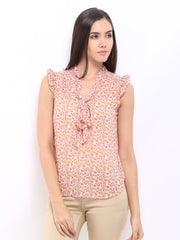 Zink London Women Off-White &amp; Pink Floral Print Top