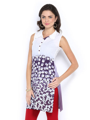 Fabnesia Women White &amp; Purple Printed Cotton Kurta